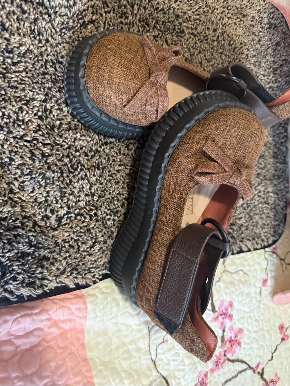 Textured Brown Bow Mary Jane Flats